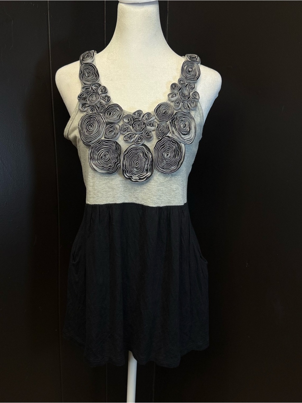 Poetry Gray and Black Tank Top with Floral Appliqué